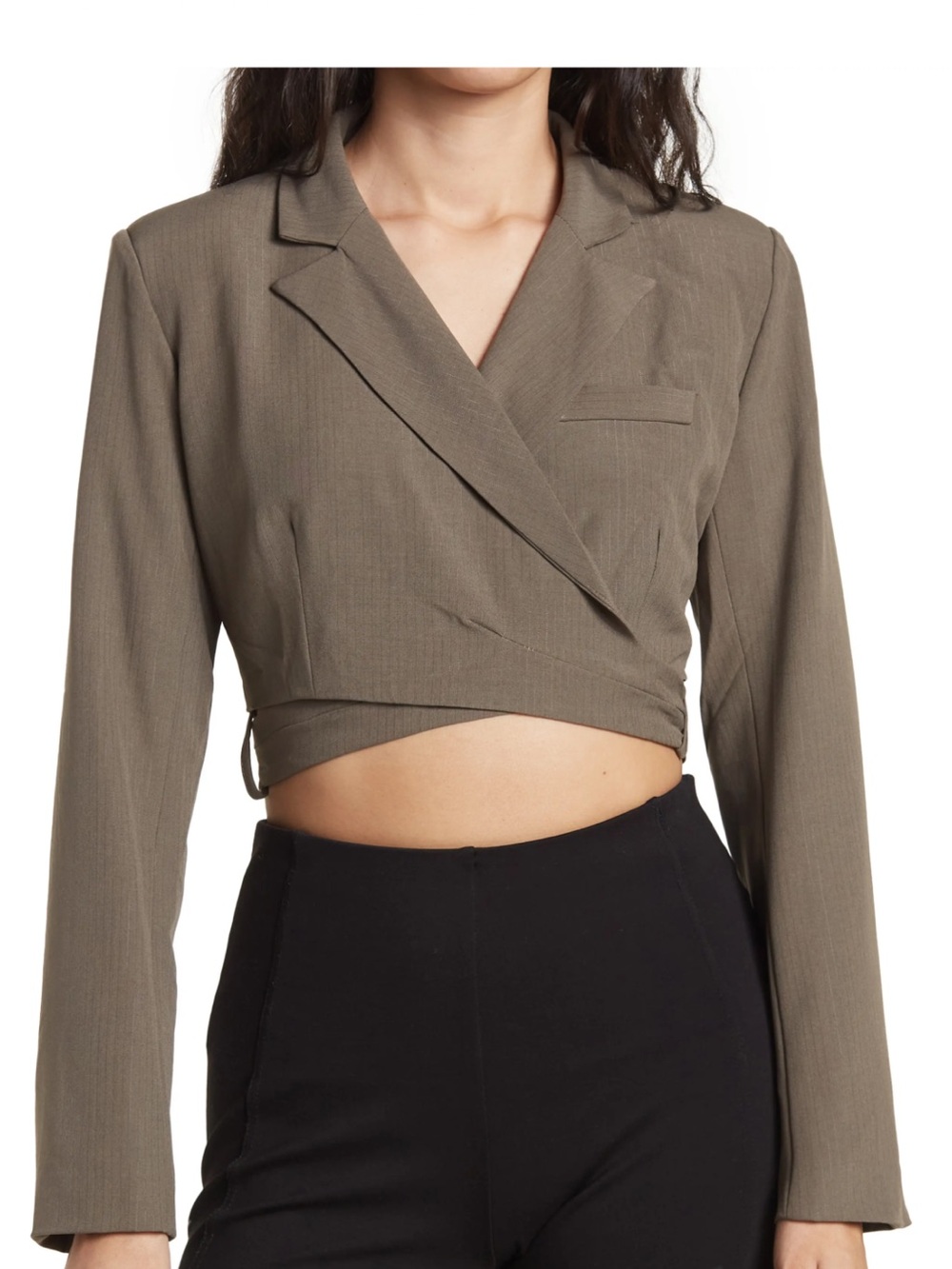 Know One Cares pinstripe crop wrap blazer